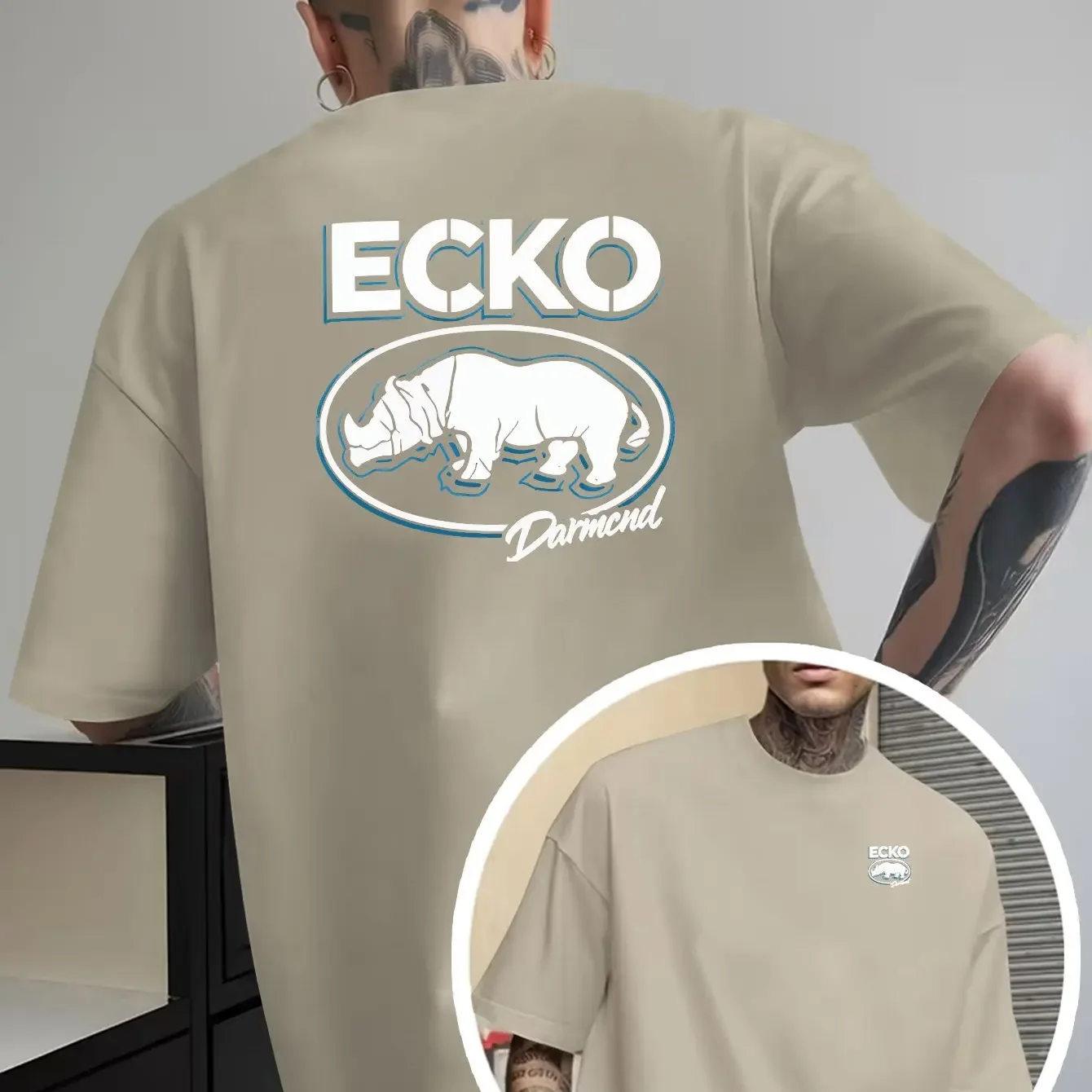 Men Ecko Oversize Drop Shoulder Dual Side Print Rhino Tshirt Tiny Front Logo Big Back Graphic Loose Casual Street Short Sleeve