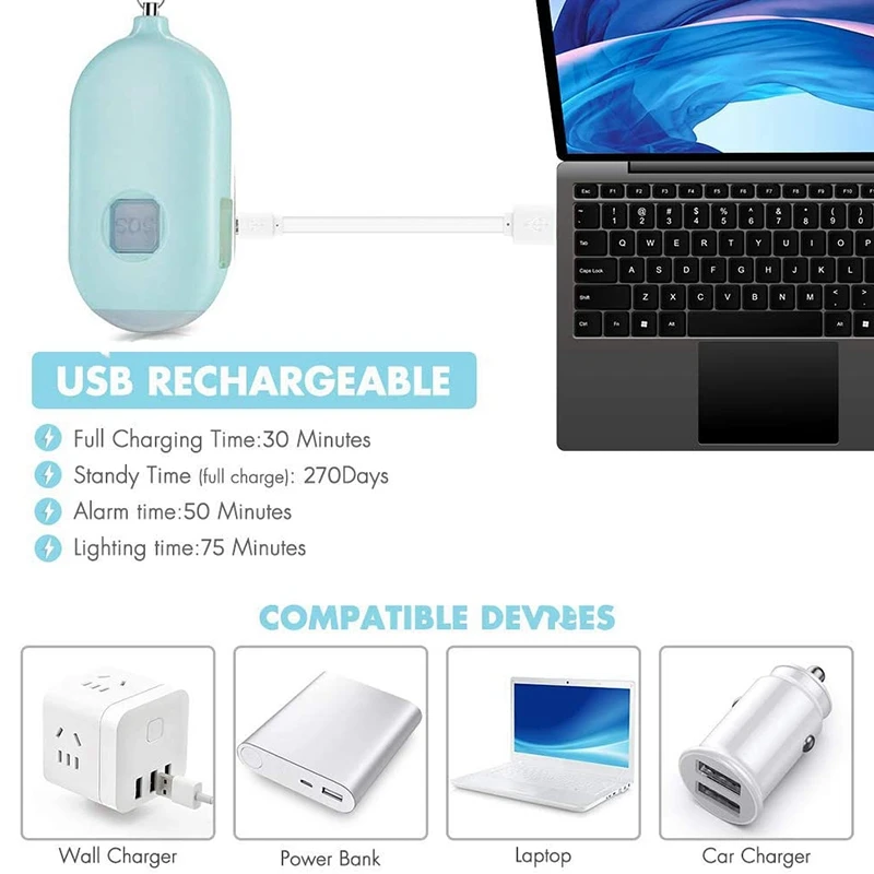 إنذار صوت للطوارئ قابل لإعادة الشحن، حلقة صفارة إنذار شخصية للطوارئ بقوة 130 ديسيبل مع ضوء LED، للنساء والأطفال وكبار السن، إلخ