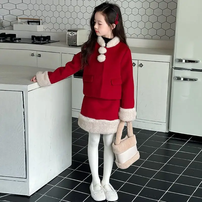 2026 winter Autumn girls 2 piece child set Cardigan velvet coat + mini skirt retro red Chinese qipao suit 4 8 9 10 12 new year