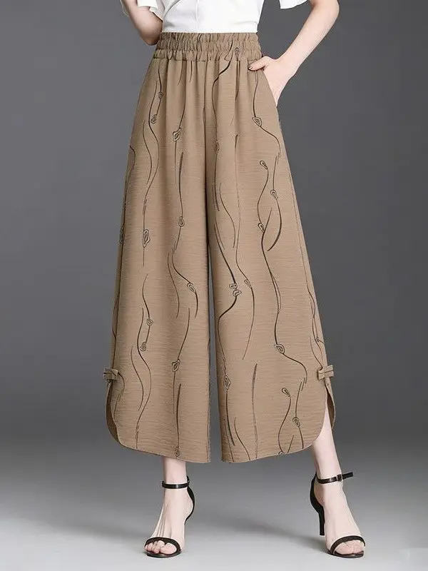 

Slimming Wide Leg Pants for Middle-Aged And Elderly Women Summer Thin Elastic Waist Loose plus Size Drapey Split Skirt Pants