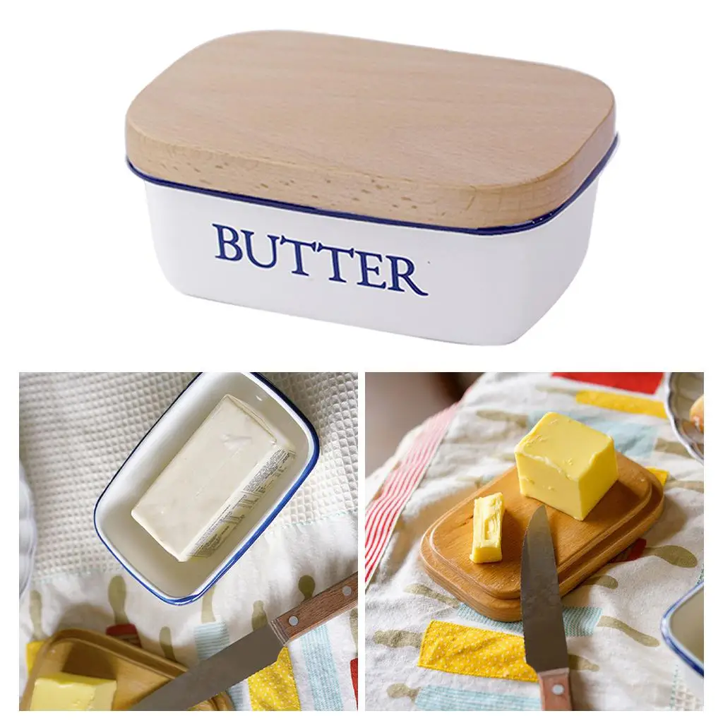 Enamel Butter Dish Preservation Flanging Wooden Lid Butter Keeper for Kitchen Biscuits