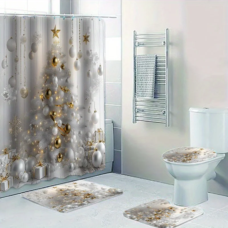 4Pcs White Xmas Tree Bath Set,Non-Slip Mat,Toilet Cover,Bath Rug,12 Hooks,Bathroom Accessories,Home & Dorm Decor,Farmhouse Style