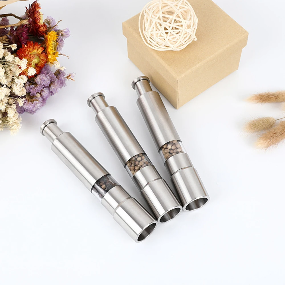 Stainless Steel Salt and Pepper Grinder Thumb Push Button for Hand Operation Thumb Press Grinder Peppercorns Sea Salt Spices