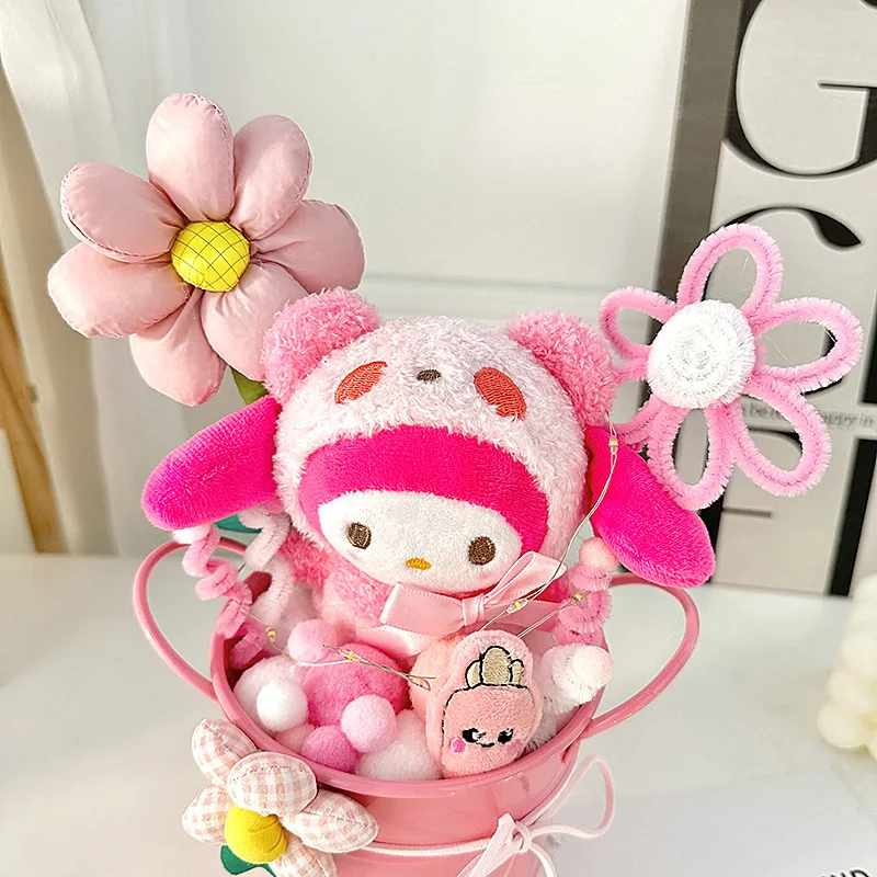 Sanrio Anime Plush Doll Bouquet Kawaii Kuromi My Melody Cinnamoroll With Light Potted Flower Birthday Desktop Ornament Girl Gift