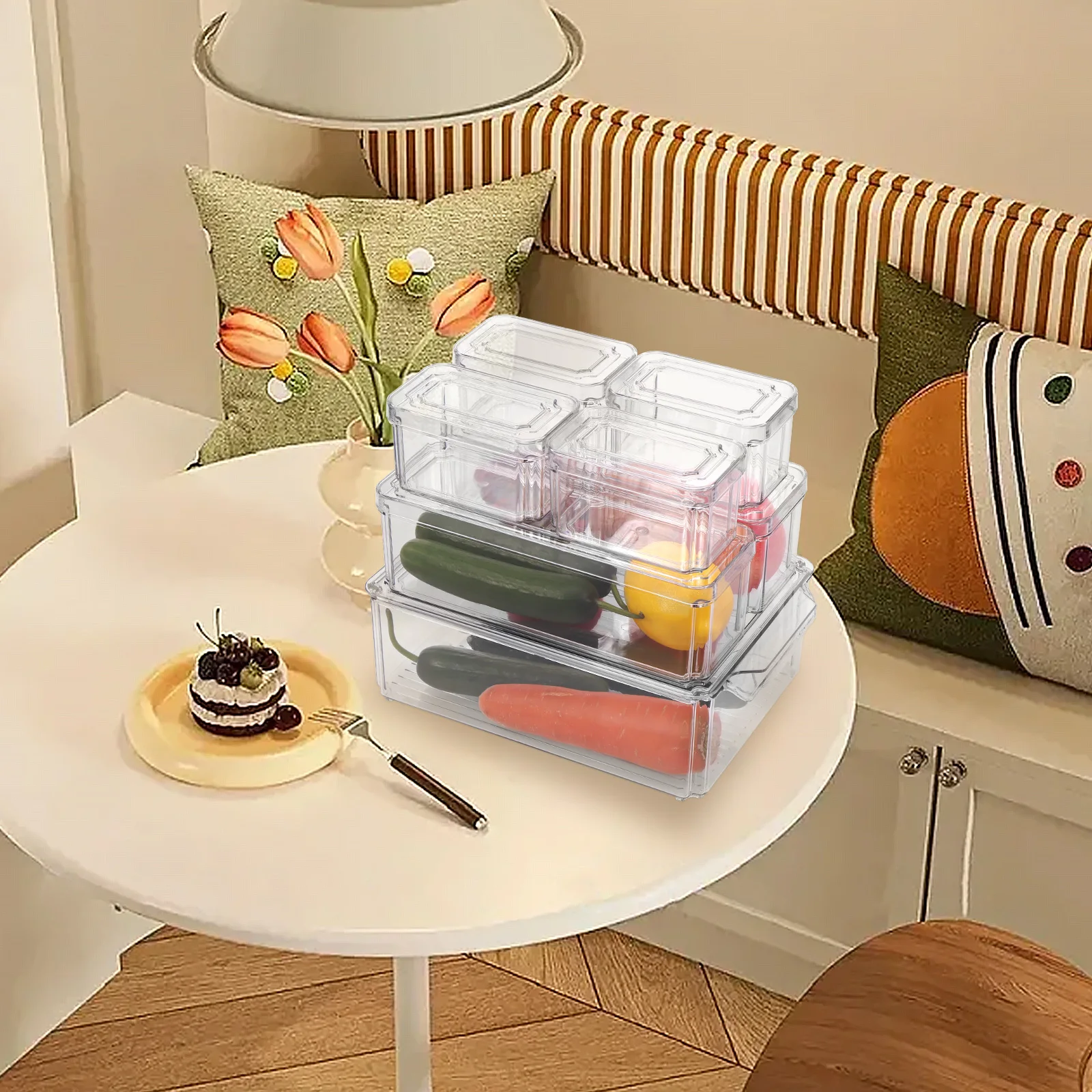 

7Pcs Fridge Organizer Box with Lid Clear Fruit Storage Containers Stackable Refrigerator Organizer Bins with Drain Tray 3 Sizes