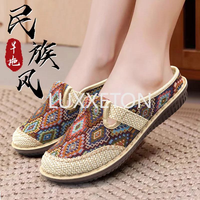 Women cloth slippers ethnic embroidery summer linen wedge soft sole walking shoes for the elderly and ladies slip on cloth shoes