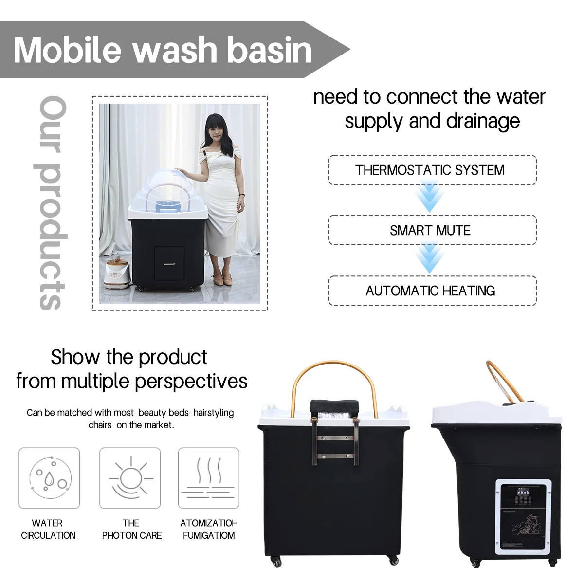 Professional Hair Spa Shampoo Sink With Movable Head Treatment Basin Water Circulation System Heavy Duty For Commercial Barbersh