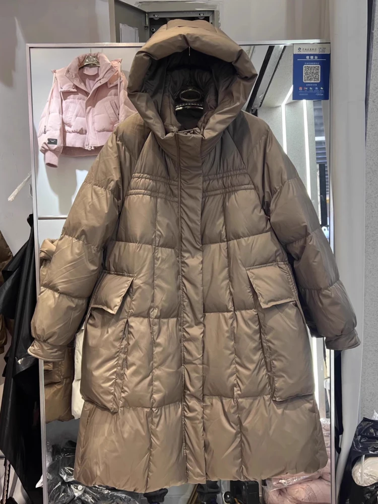 2025 inverno novo comprimento médio para baixo jaqueta feminina na altura do joelho com capuz solto grosso capa bolso grande pato branco para baixo jaqueta