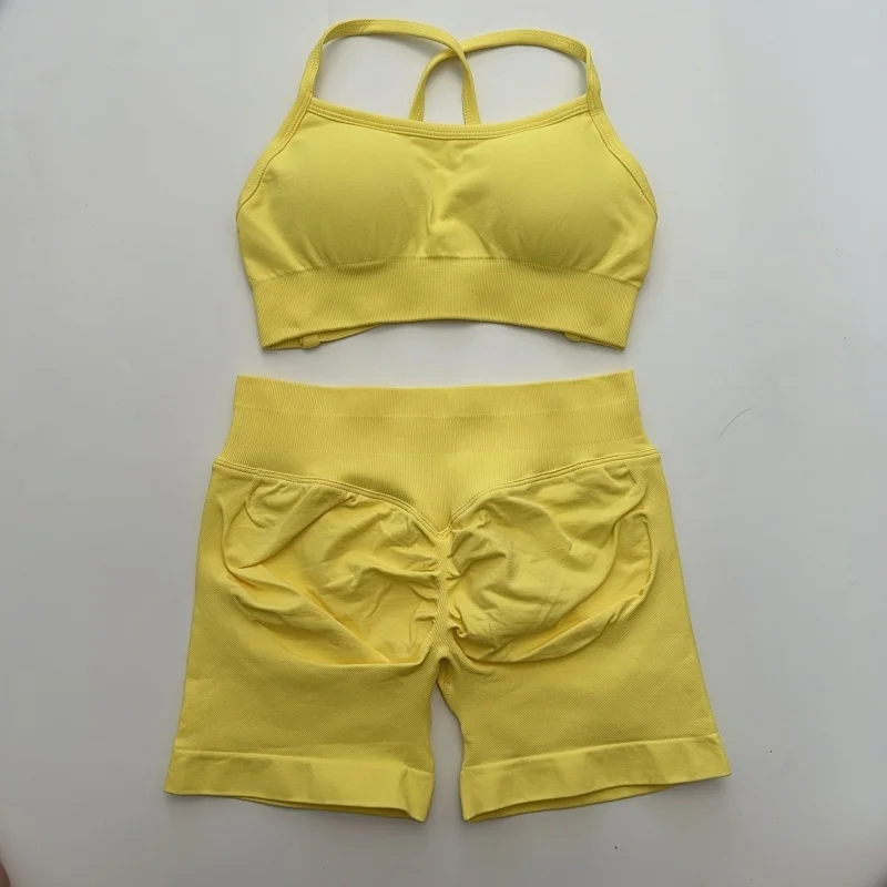 No Logo Yoga Gym Set Women Seamless Yoga Set 2 Pieces Workout Shorts Set Backless Sports Bra Scrunch Bum Shorts Fitness Clothes image 5