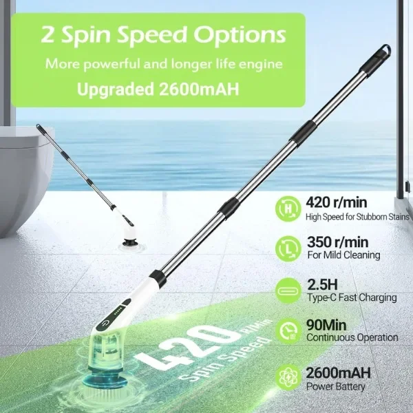 Electric Spin Scrubber, Cordless Bathroom Tub Scrubber with Long Handle & 7 Replaceable Cleaning Heads,Extension as Short Handle