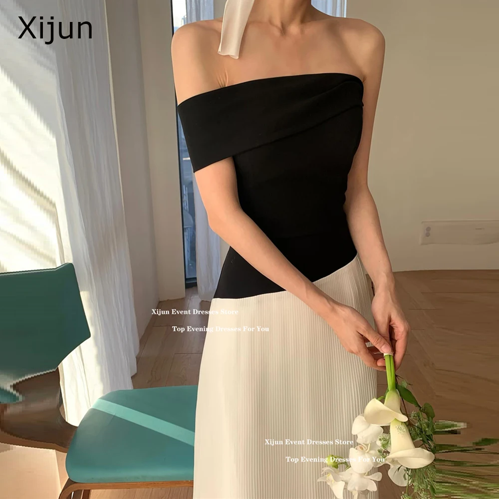 Xijun Elegant Black White Korean Evening Dresses Sleeveless A-Line One Shoulder Prom Dresses Photo Shoot Wedding Party Dresses