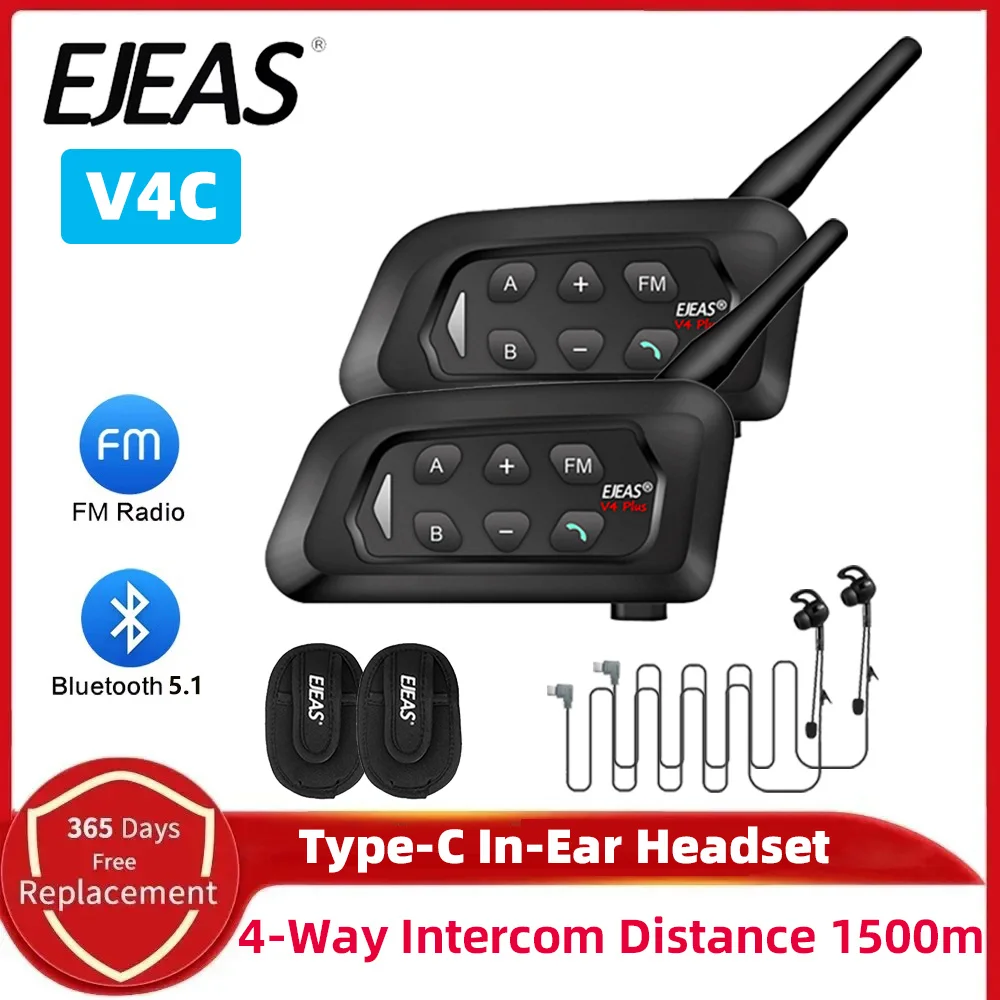 EJEAS V4C Plus In-Ear Football Referee Intercom Headset Bluetooth 1500M Full Duplex Headphone Soccer Conference Interphone