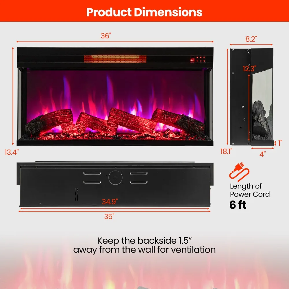 36 Inches 1500W Tangkula 3-Sided Glass Electric Fireplace with Remote Control, Thermostat, 9H Timer, 7-Color Flames & Ember Bed