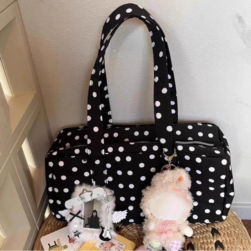 

Korean Style Polka Dot Bag Large Capacity Canvas Handbag Travel Tote With Dual Handles Women Lightweight Versatile Shoulder Bag