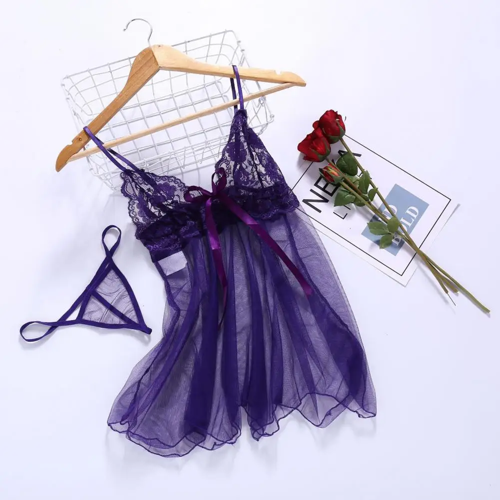 Women Pajamas 2PCS Night Dress And Briefs Transparent V Neck Lace Women Night Dress Lace Bow Straps Lady Nightgown Sleepwear