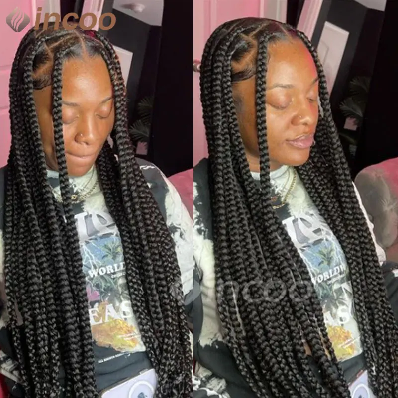 36-calowe Cornrows Plecione Peruki Syntetyczna Pełna Koronkowa Peruka Dla Czarnych Kobiet Jumbo Plecione Peruki Koronkowe Faux Locs Box Braids Wig