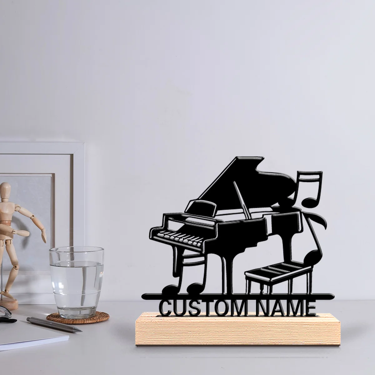 1pc Retro Personalized Custom Grand Piano Metal Statues Wooden Accent Wall Decor for Living Room, Bohemian, Eclectic Home Style