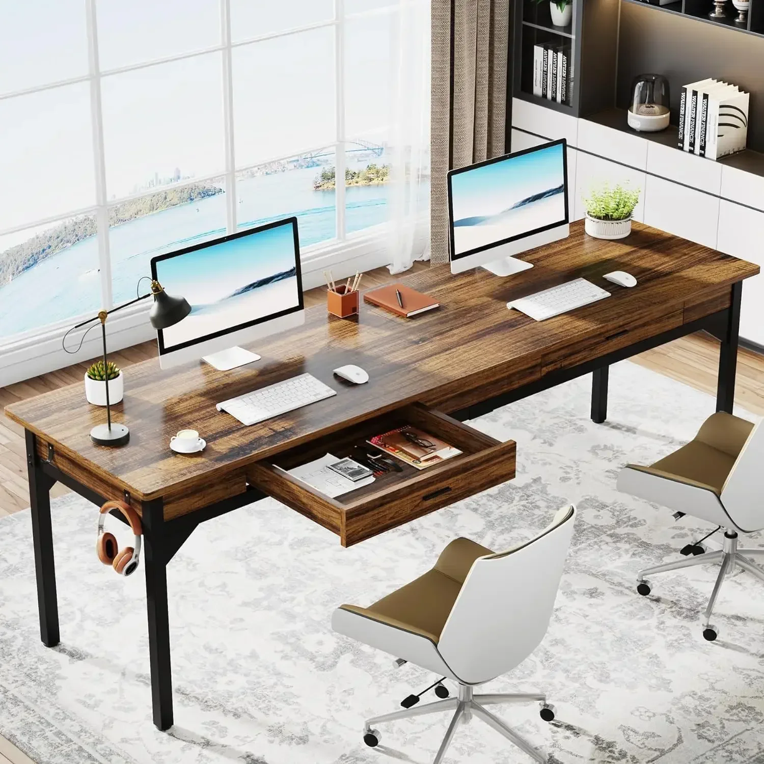 78.7" Extra Long Computer Desk, [2 Drawers], Two Person Desk Large, Writing Table Study Desk [Double Desk] Executive Office Desk