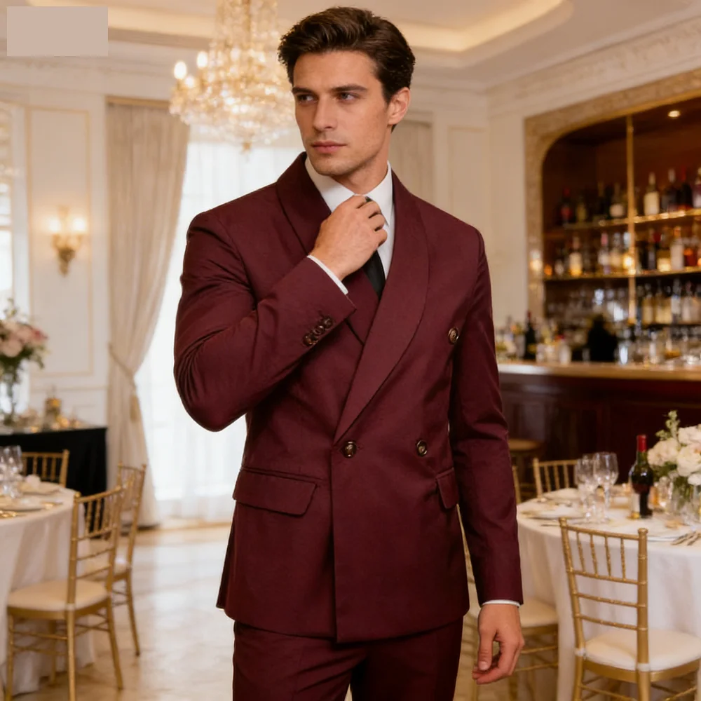 

Burgundy Shawl Lapel Suit Jacket Double Breasted Comfortable Slim Fit Wedding Blazer Fashion Prom Top for Men