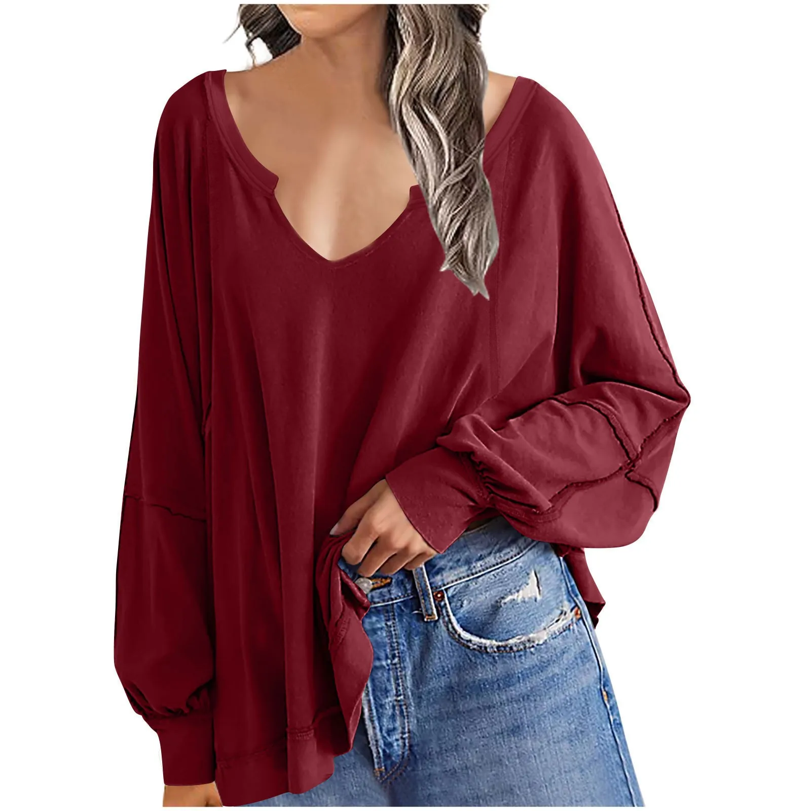 Women's Solid Color Large V-Neck Irregular Loose Fashionable Long Sleeved Sweatshirt Lazy Style Streetwear Lightweight Top