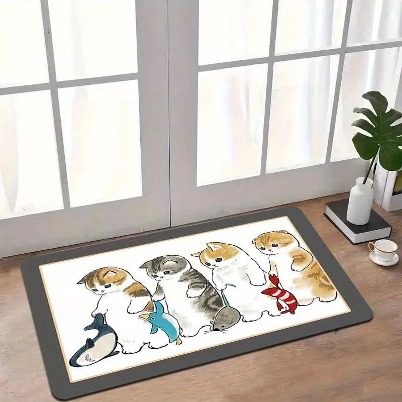 Newest Doormat Cute Cartoon Cats Holding Fish Print Washable Non Slip Flannel Kitchen Rug Set Pet Doormat for Living  Bedroom