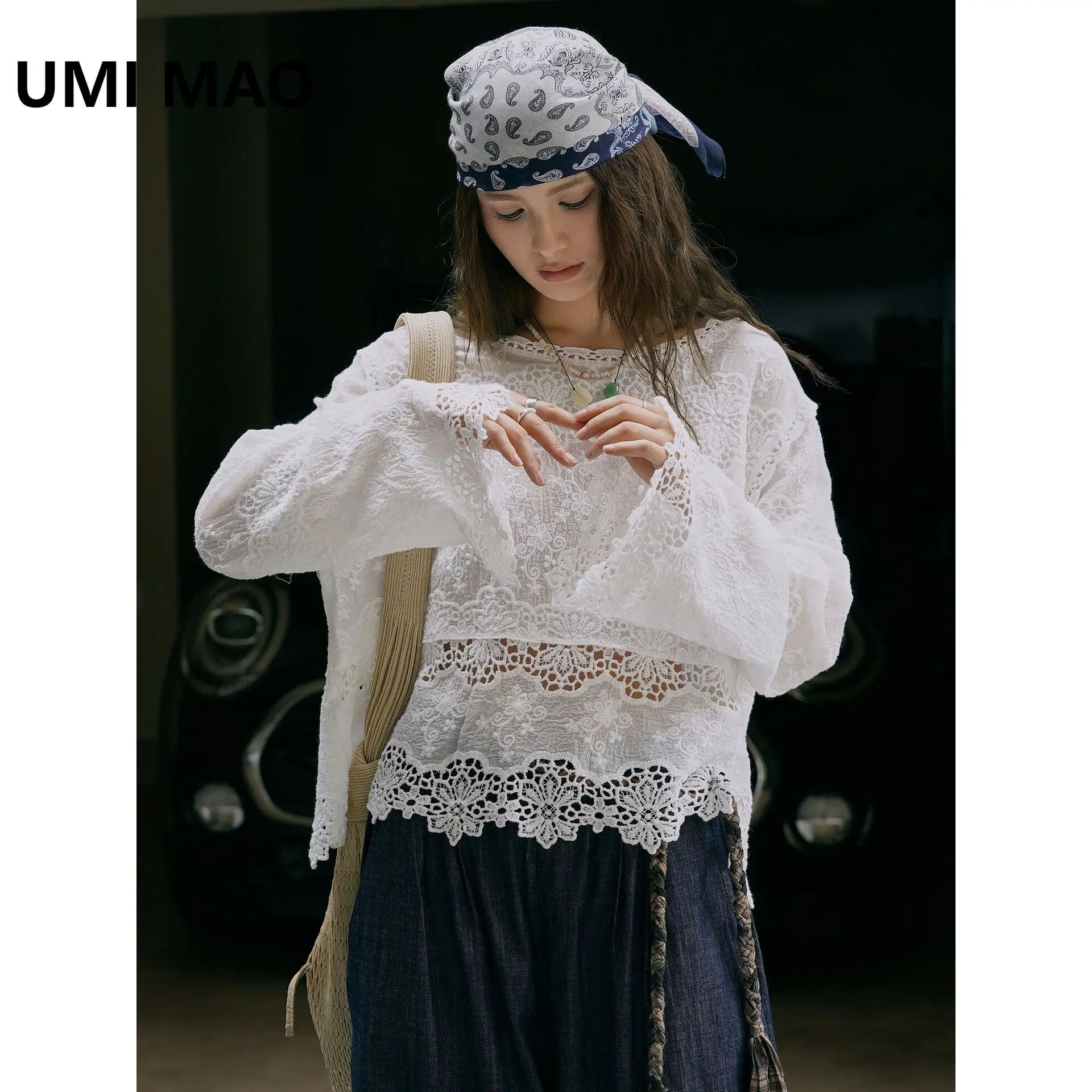 

UMI MAO French Top Summer New Lace Cotton Washed Long Sleeve Shirt Three Dimensional Hollow Out Soft Breathable Top Women