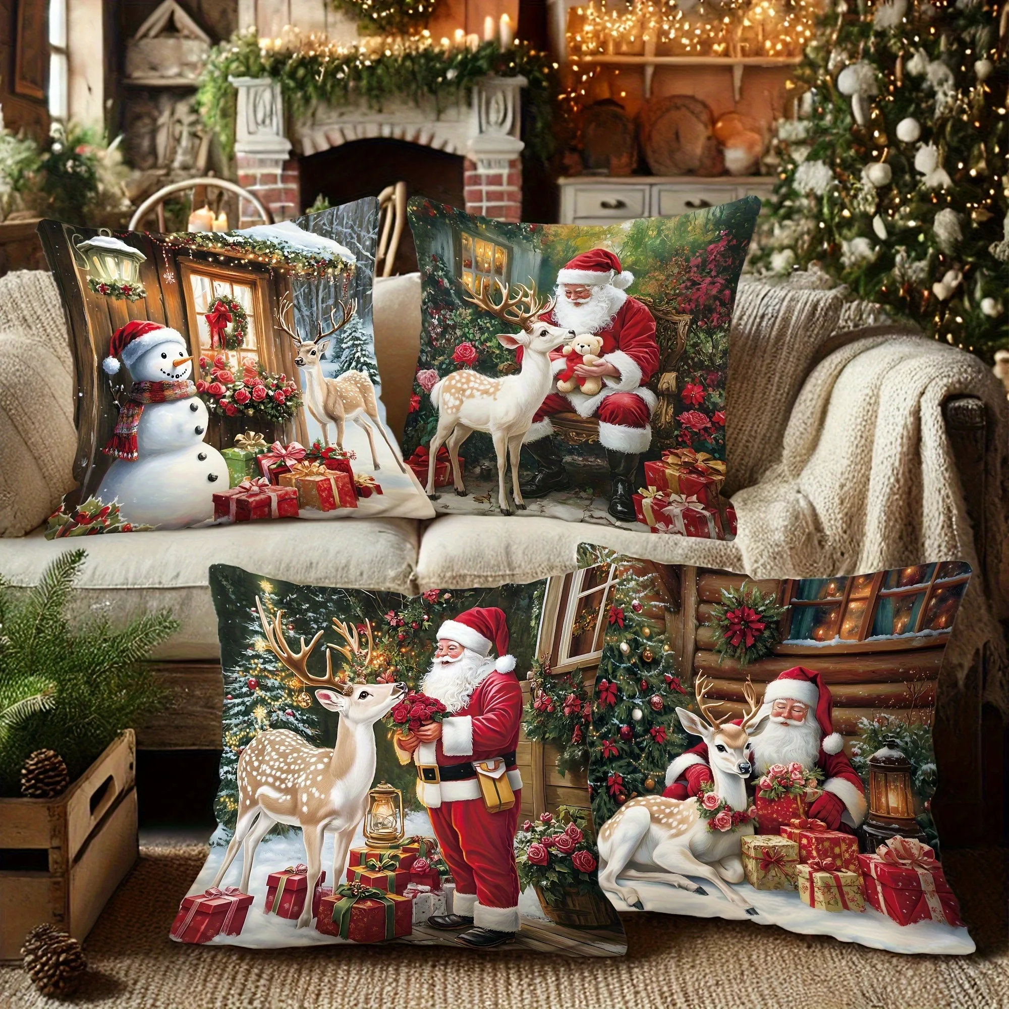Christmas pillowcase: snowman and reindeer gifts, Santa Claus warm New Year home decoration 2d flat printing