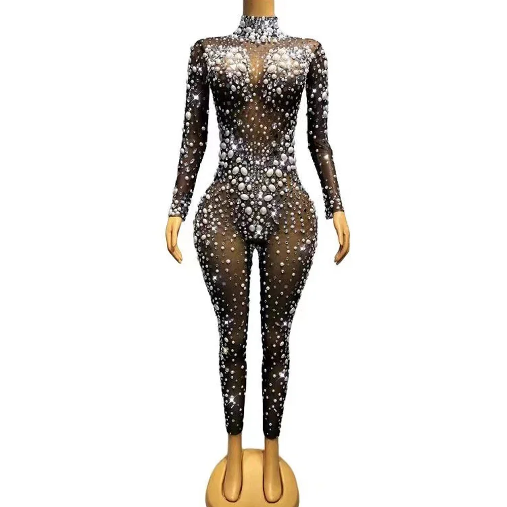 

Sexy Stage Big Pearls Crystals Rhinstones Transparent Jumpsuit Evening Birthday Celebrate Outfit Dancer Photoshoot Rompers