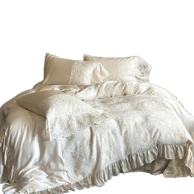 

French light luxury Xinjiang long-staple cotto four-piece set heavy industry lace embroidery pure cotton champagne cover bedding
