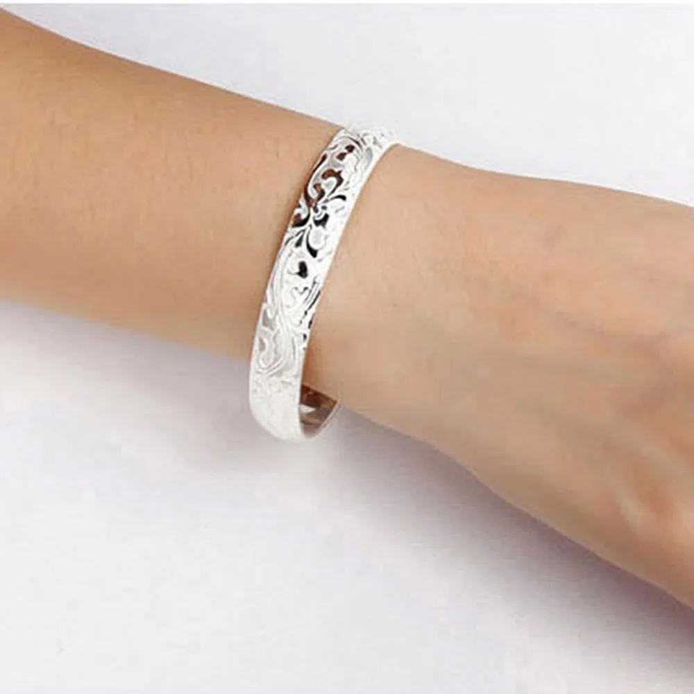 925 Sterling Silber Armreif für Damen, Vintage Geschnitztes Blumenmuster, Offener Armreif mit Innengravur, Schmuckgeschenke – Detail 5