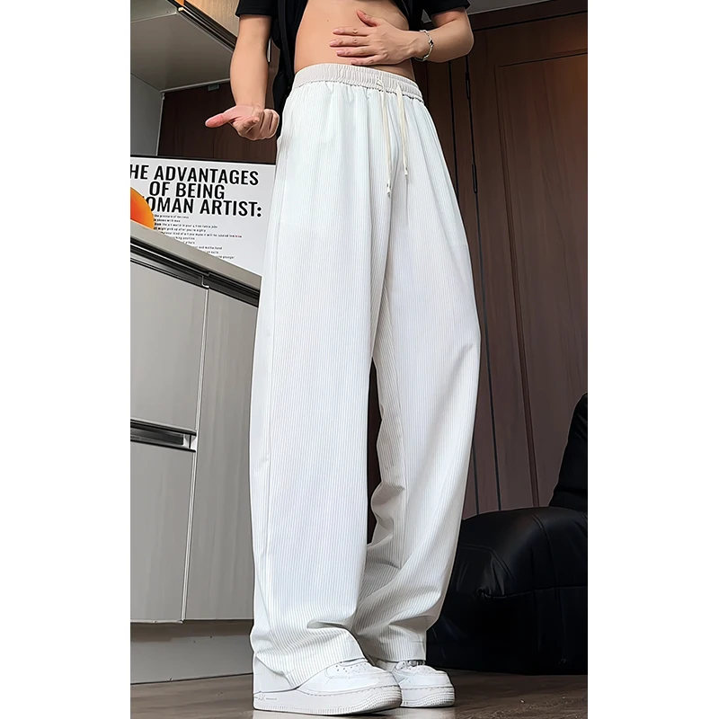 Summer New Design Casual Pants for Men Cooling Thin Stripes Ice Silk Lightweight Big Size Draped Long Trousers