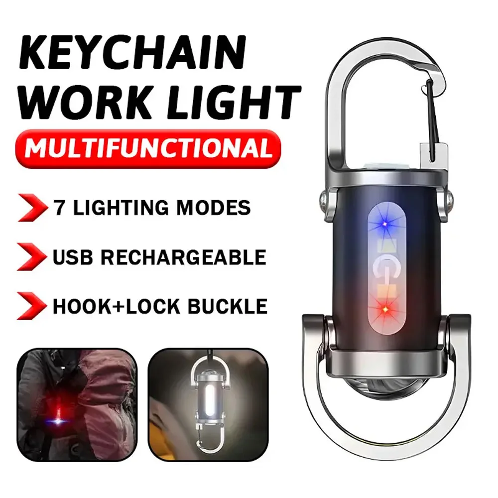 Powerful Mini COB LED Keychain Flashlight USB Rechargeable Hanging Work Light Waterproof Keyring Camping Walking Pocket Lamp