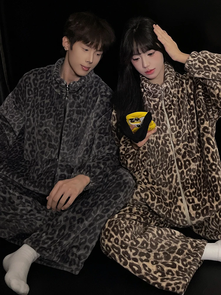 다이멜루 레오파드 프린트 잠옷 세트 남성용 파자마 가을 코랄 플리스 플란넬 고급 두꺼운 겨울 라운지웨어 수트