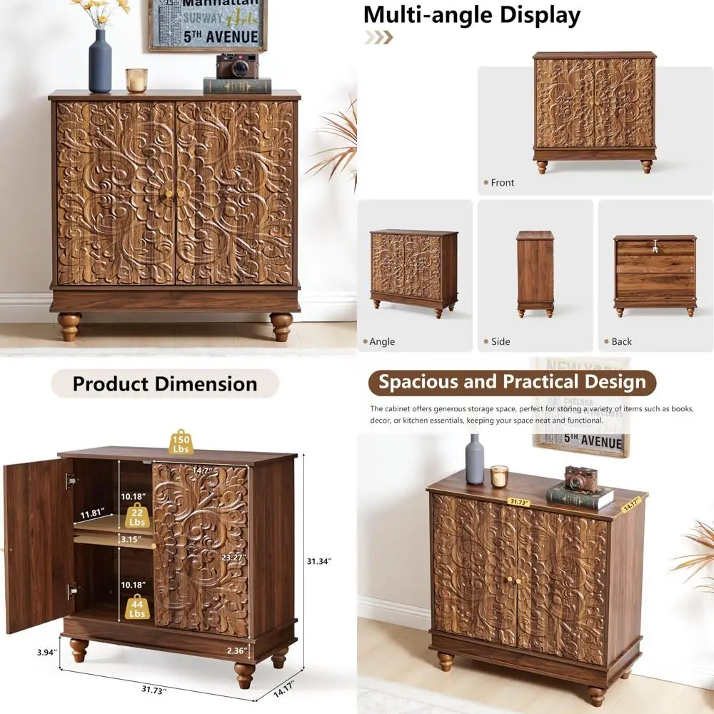 

Rustic Double-Door Buffet with Carved Details and Adjustable Shelves for Living Room Storage