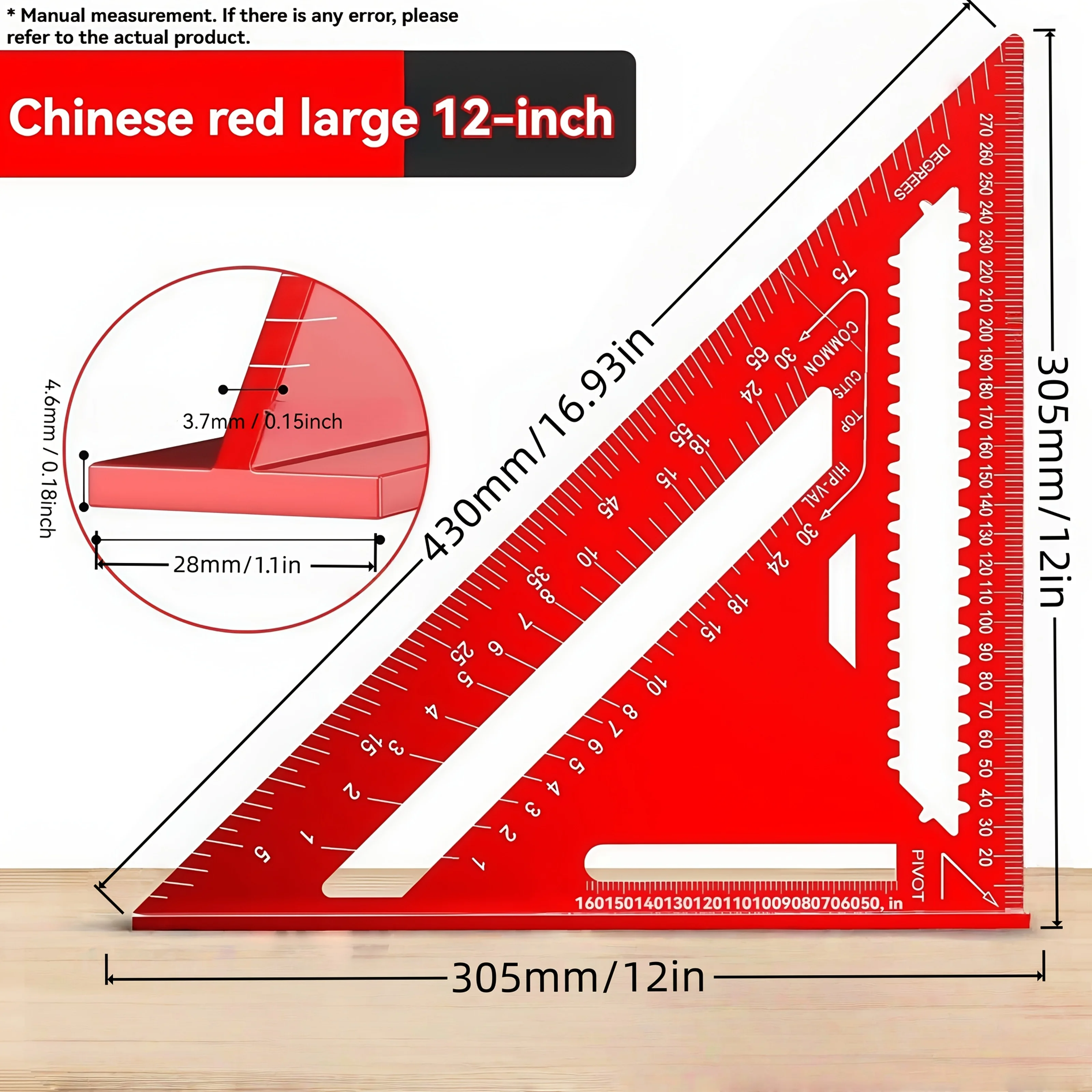 Regla de Precisión Triangular de Aleación de Aluminio Roja de 12 Pulgadas |   Construcción de metal duradero, buscador de ángulos y escala métrica