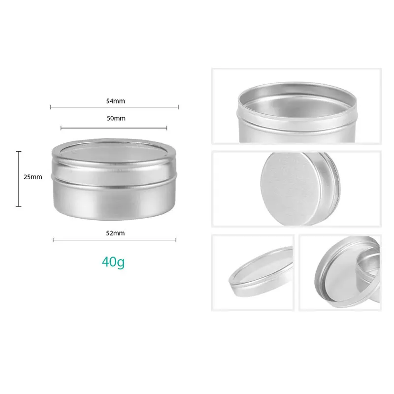 100 قطعة 20 جرام 40 جرام كريم العناية بالبشرة الفارغة حاويات الألومنيوم مع غطاء النافذة جرة ألومنيوم معدنية غطاء النافذة البلاستيكية وعاء القصدير المعدني