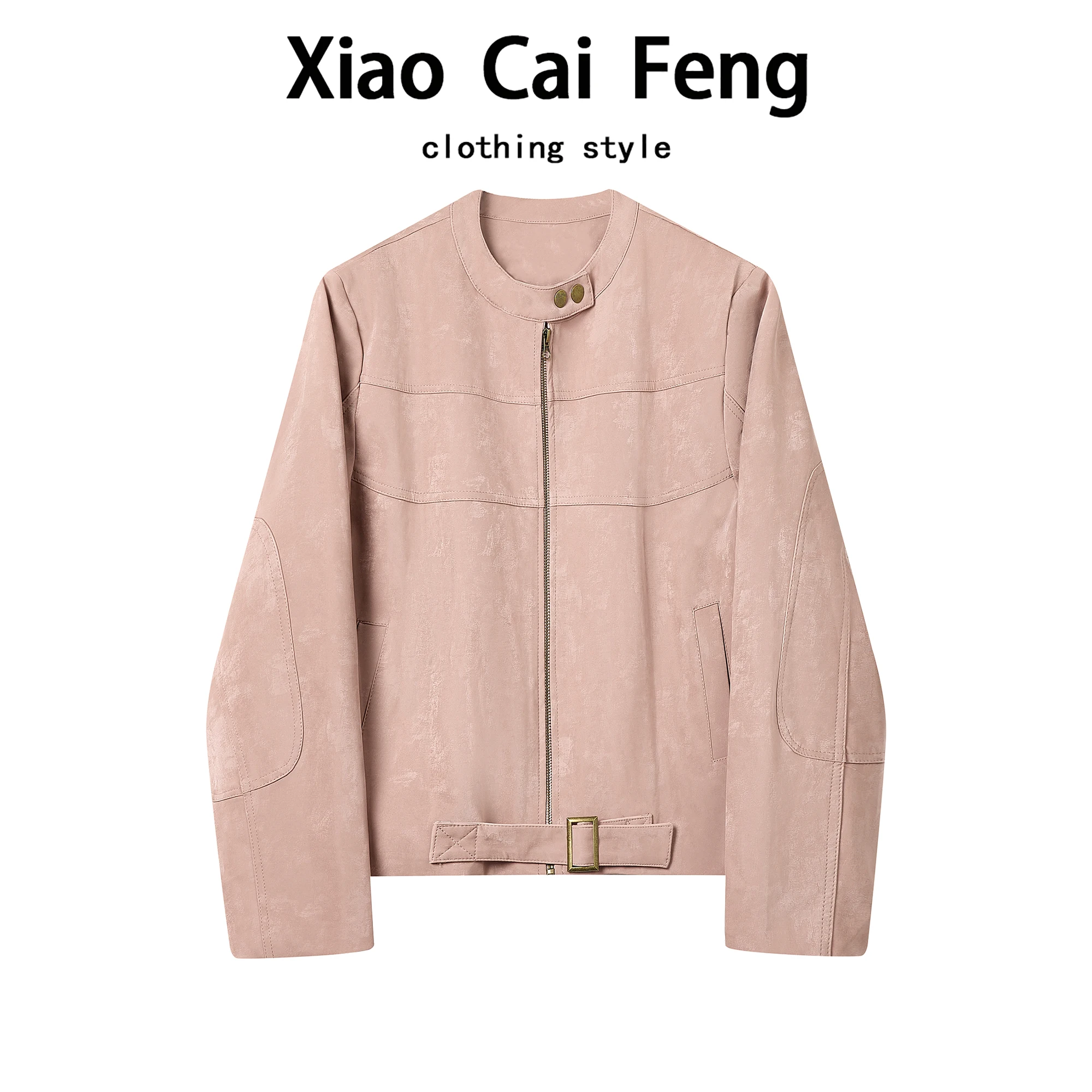 

Cool ort Pink Suede Jaet Women's Spring Autumn Motorcycle Design Sense Top Faionable Stand Fit No Fur Collar Pred...