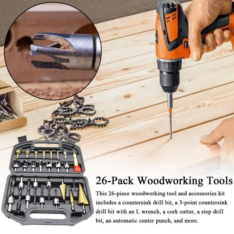 26pcs/kit  Countersink Drill Woodworking Drill Bit Set corrugator cutter,step drill bit,automatic center punch,L wrench