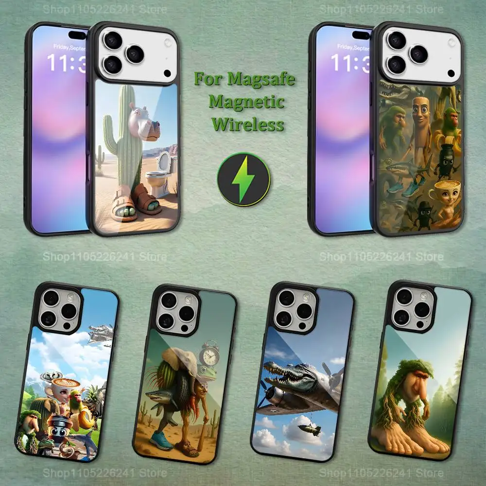 Art B-Brainrot T-Tralalero iPhone 16、14、13、15、11、12、17、Plus、Mini、Pro、MagSafe対応、Max、磁気ワイヤレス充電ケース