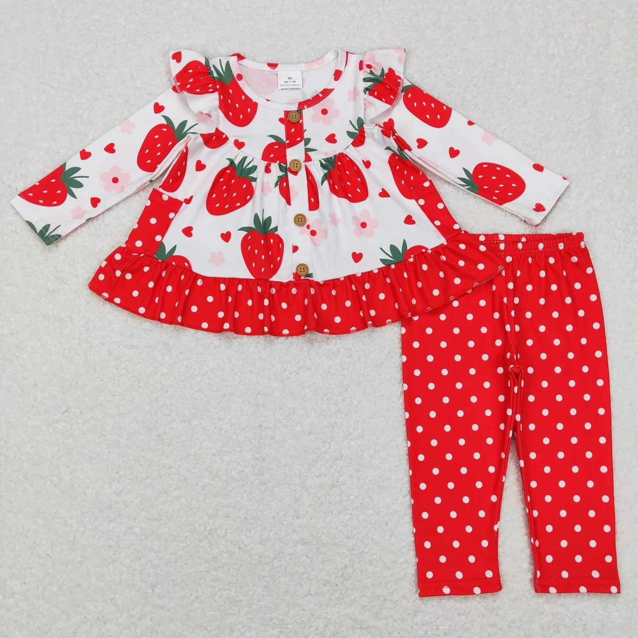 

Wholesale Baby Girl Strawberry Sets Long Sleeves Pocket Floral Tunic Red Legging Pants Children Kids Two Pieces Toddler Outfit