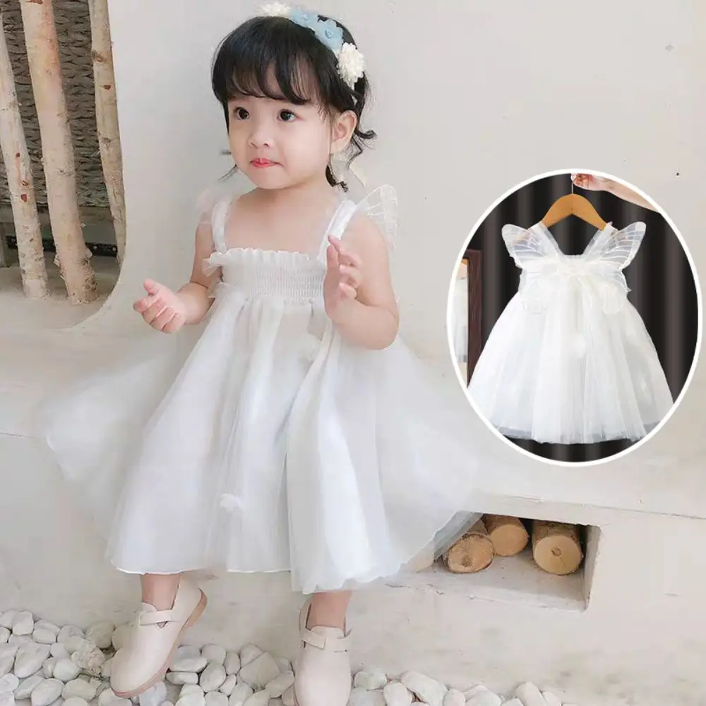 فستان الأميرة للفتيات الصغيرات برباط من الدانتيل الجميل فستان فقاعي للفتيات الصغيرات كاجوال بدون أكمام على شكل جناح على شكل فراشة