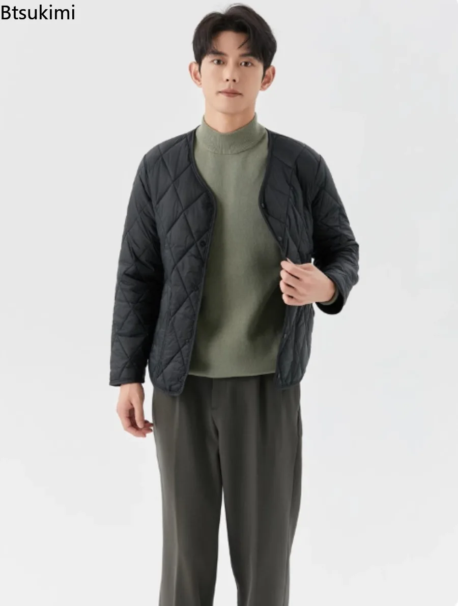 Men's Solid Color Argyle Casual Warm Padded Jacket Young Man Winter New Lightweight Single-breasted Padded Jacket with Pockets