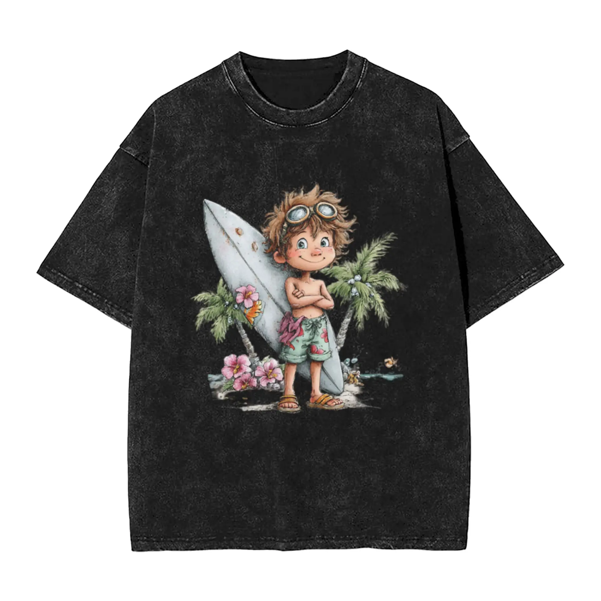 Cute surfer boy on the summer beach   whimsical design Classic Chic A Washed T Shirt Men's Women's Oversized Cotton Tees Tops