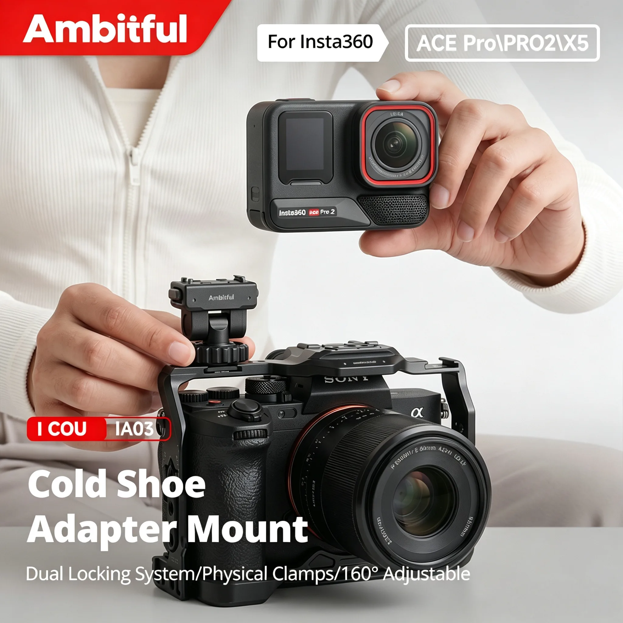 Adaptateur de fixation magnétique à dégagement rapide Ambitful IA03 160 °   Adaptateur de fixation à griffe froide réglable pour Insta360 Ace Pro/Ace Pro 2/X5
