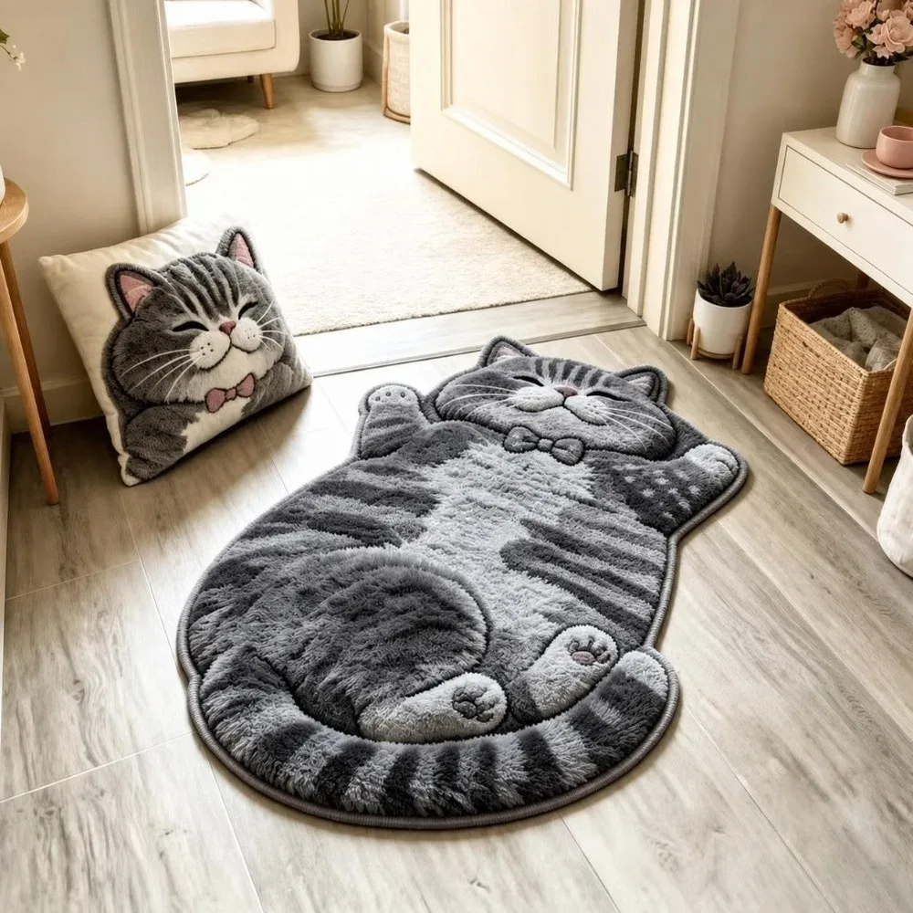 Soft 2D Cat-Shaped Area Rug Non-Slip Anti-fouling Home Decor Carpet Easy to Clean Cartoon Carpet Bedrooms