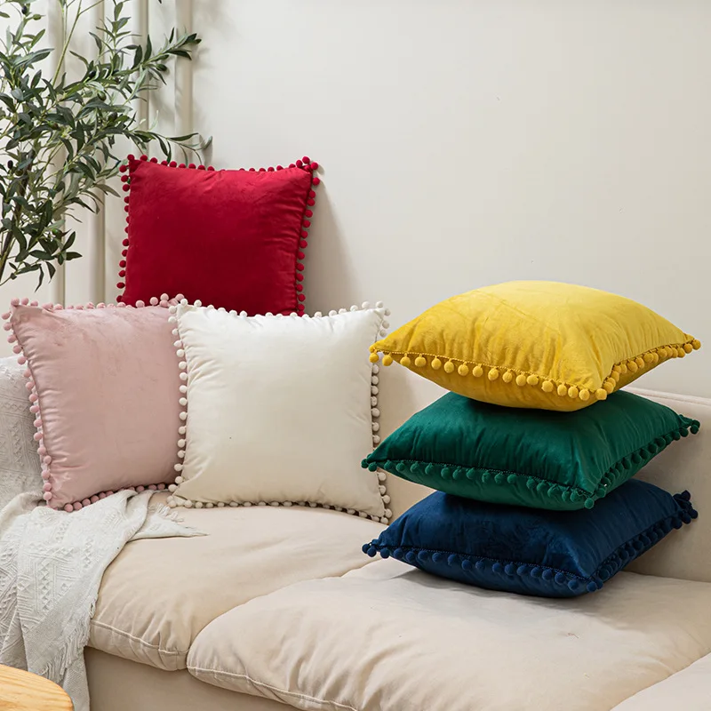 Solid Color Pom-Pom Velvet Cushion Cover, Sofa Bed Pillowcase Nordic Home Chair Cushion Exclusively