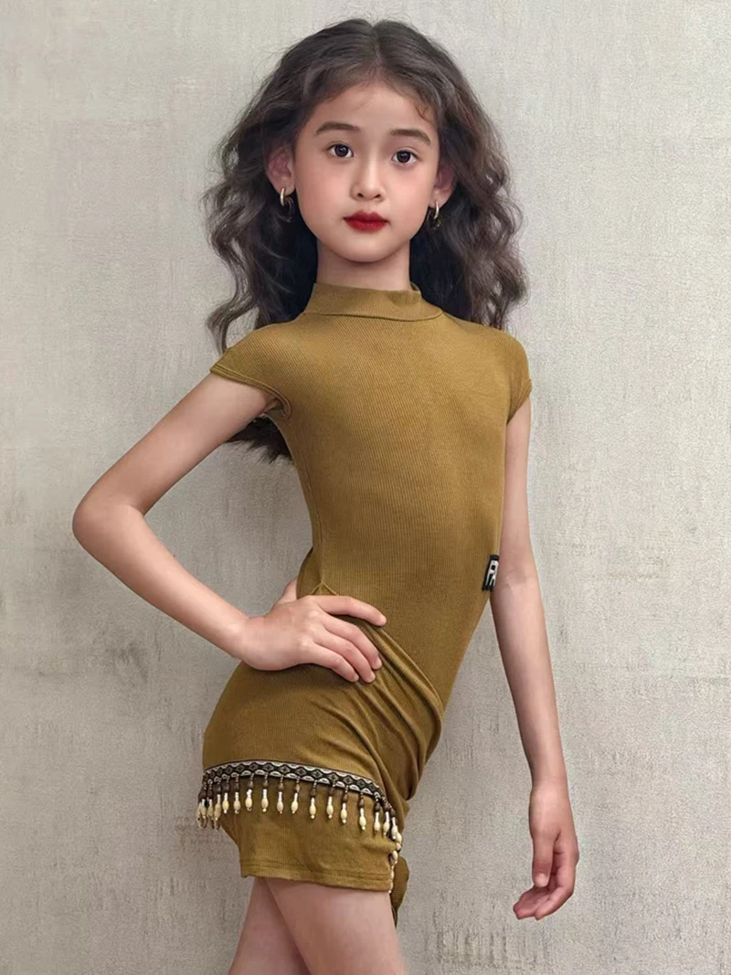 أطفال بنات الجمل أكمام مسمار الخرز اللاتينية Dancewear ارتداءها ومنشفة الورك كاوبوي سامبا رومبا ممارسة المنافسة Dancewear