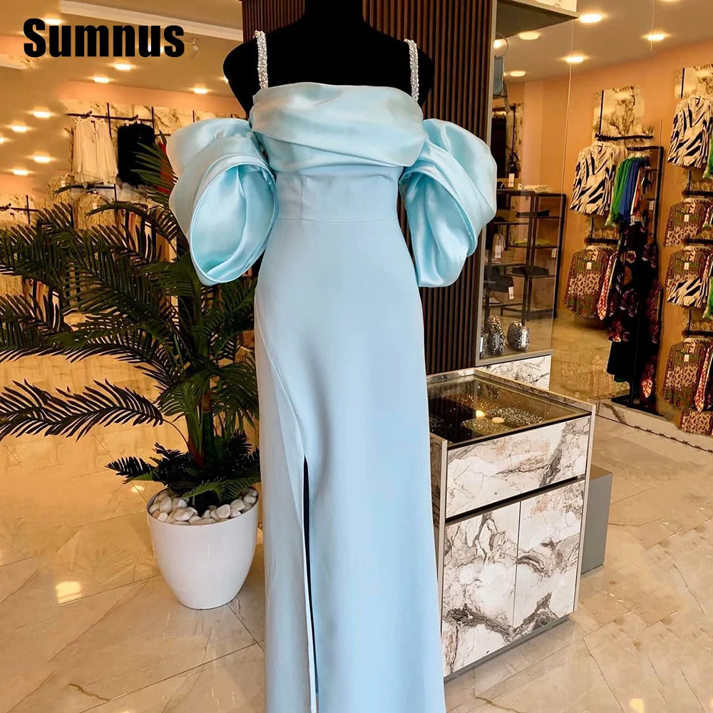 

Sumnus Spaghetti Straps Pleat Beaded Evening Dress Sexy Slit Side Stain Prom Dresses Backless Puff Sleeves Elegant Evening Gown