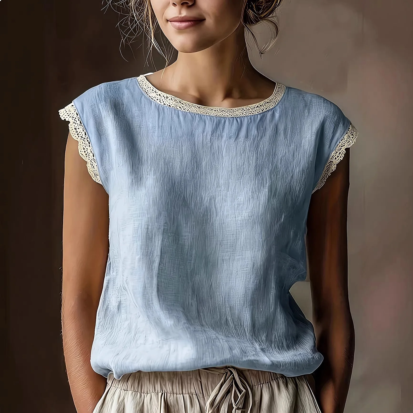 Women's Retro Lace Trim Sleeveless Linen Blend Blouse Top, Solid Color Loose Fit Shirt for Spring Summer
