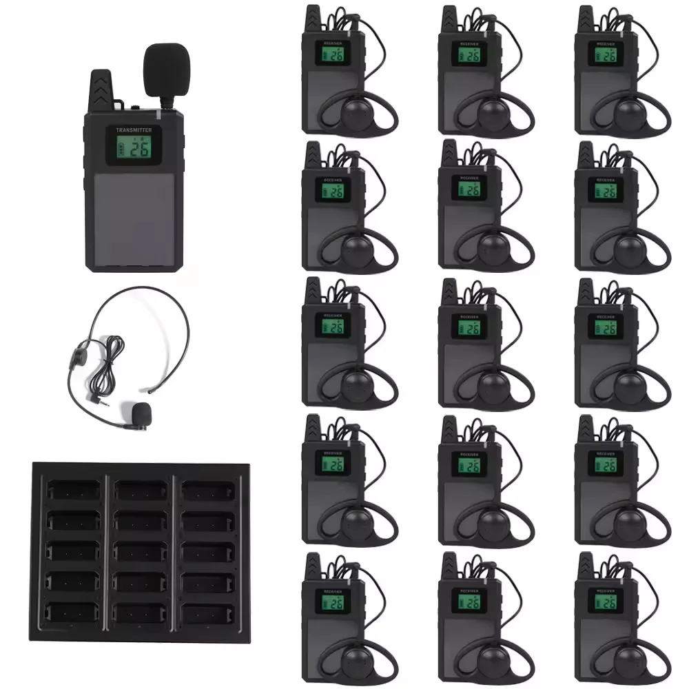 Wireless Whisper Audio Guide System Simultaneous Interpretation for Conference Tour Guide 1 Transmitter 15 Receivers 1 Charger